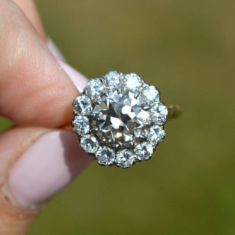 Large Edwardian 18ct Gold and Platinum 3.7 Carats Diamond Cluster Ring | Parkin and Gerrish | Antique & Vintage Jewellery