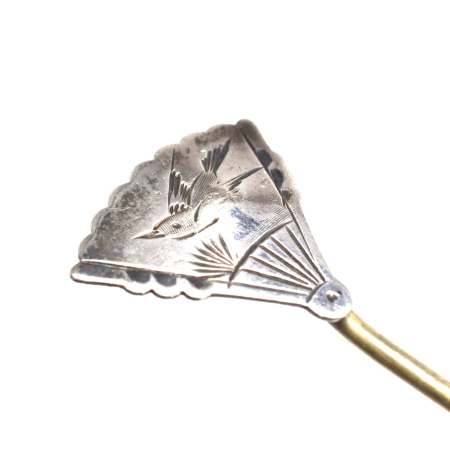 Late 19th Century Aesthetic Period bird fan tie pin with intricate engraving, showcasing refined craftsmanship.