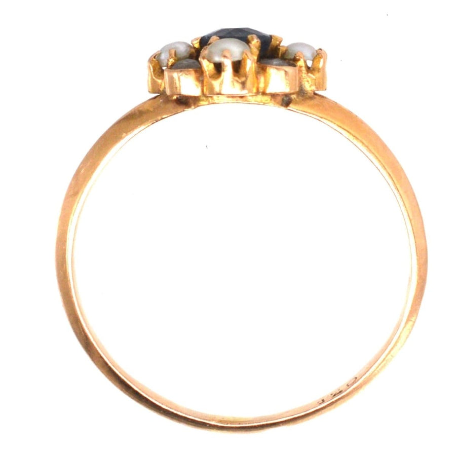 Late 19th Century French 18ct gold ring featuring sapphire, split pearls, and rose cut diamonds.