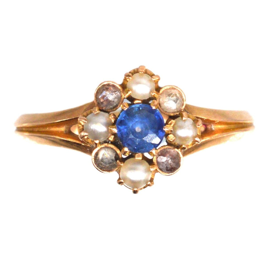 Antique 19th century French 18ct gold ring featuring sapphire, rose cut diamonds, and split pearls.