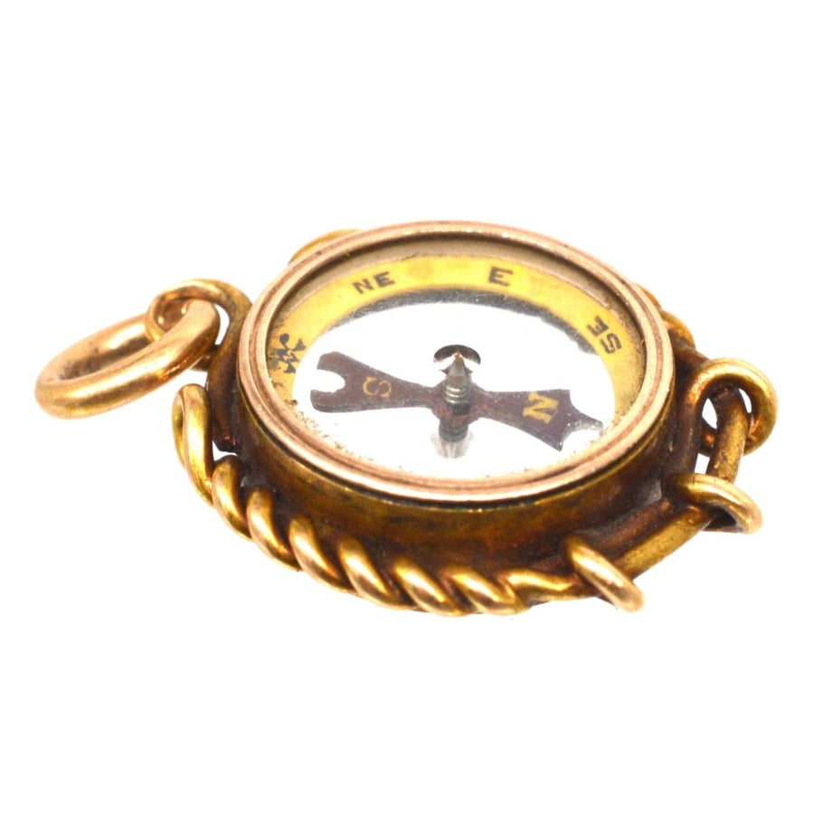 Vintage Late Victorian 9ct Gold Compass Pendant Charm with spinning needle and nautical rope design.