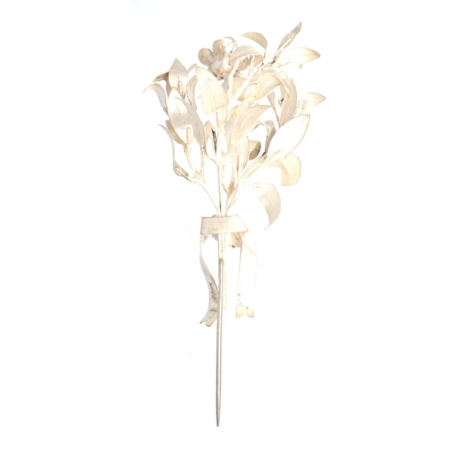 Mid 19th century silver leaf corsage pin brooch featuring myrtle leaves and delicate floral details.