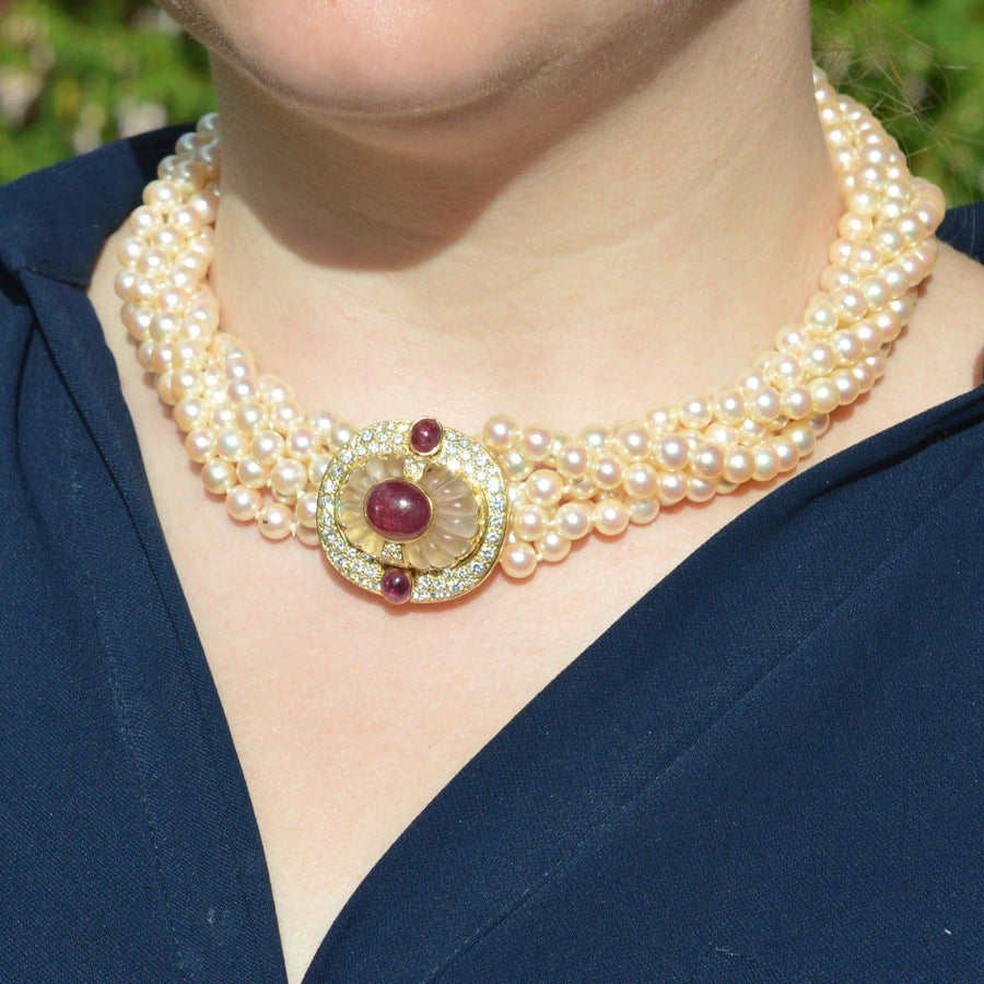 Mid Century French 18ct Gold Cultured Pearl Torsade necklace with ruby, rock crystal, and diamond clasp.