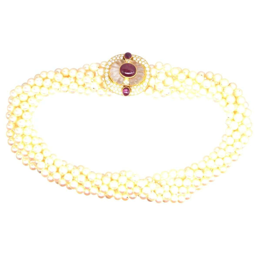 Mid Century French gold torsade pearl necklace with diamond, rock crystal and ruby clasp, elegant and sophisticated design.