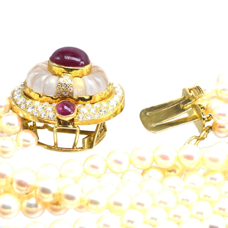 Mid Century French 18ct gold clasp with rubies, diamonds, and frosted rock crystal on pearl necklace