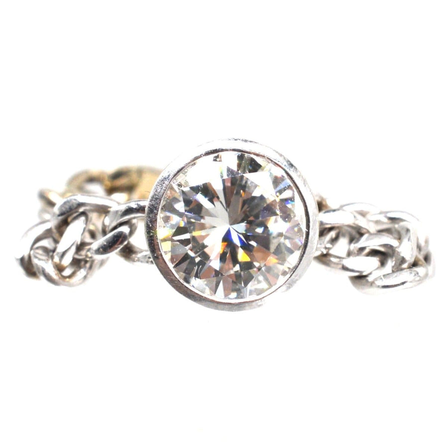 Modern 18ct white gold 1.8 carat diamond solitaire ring with flat curb chain design.
