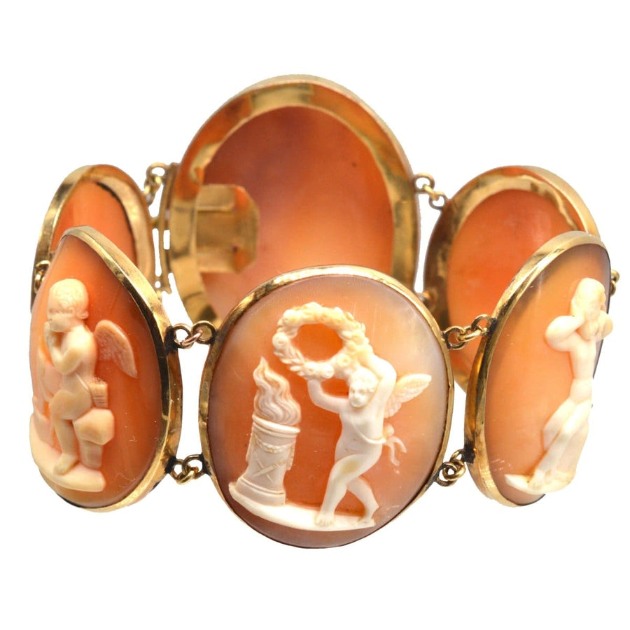 Regency 18ct gold bracelet with hand-carved shell cameos of Cupid scenes, dating to the 1820s-1840s.