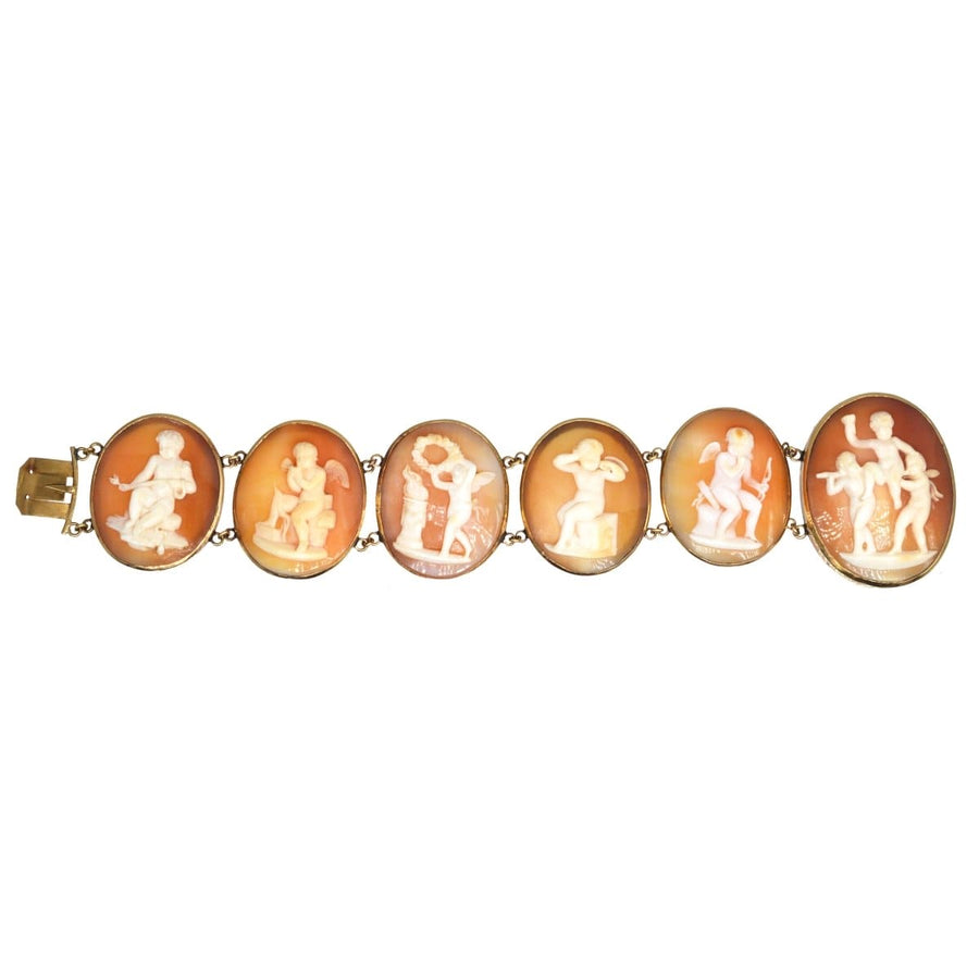 Vintage Regency 18ct gold bracelet featuring hand-carved shell cameos of Cupid from the 1820s-1840s.