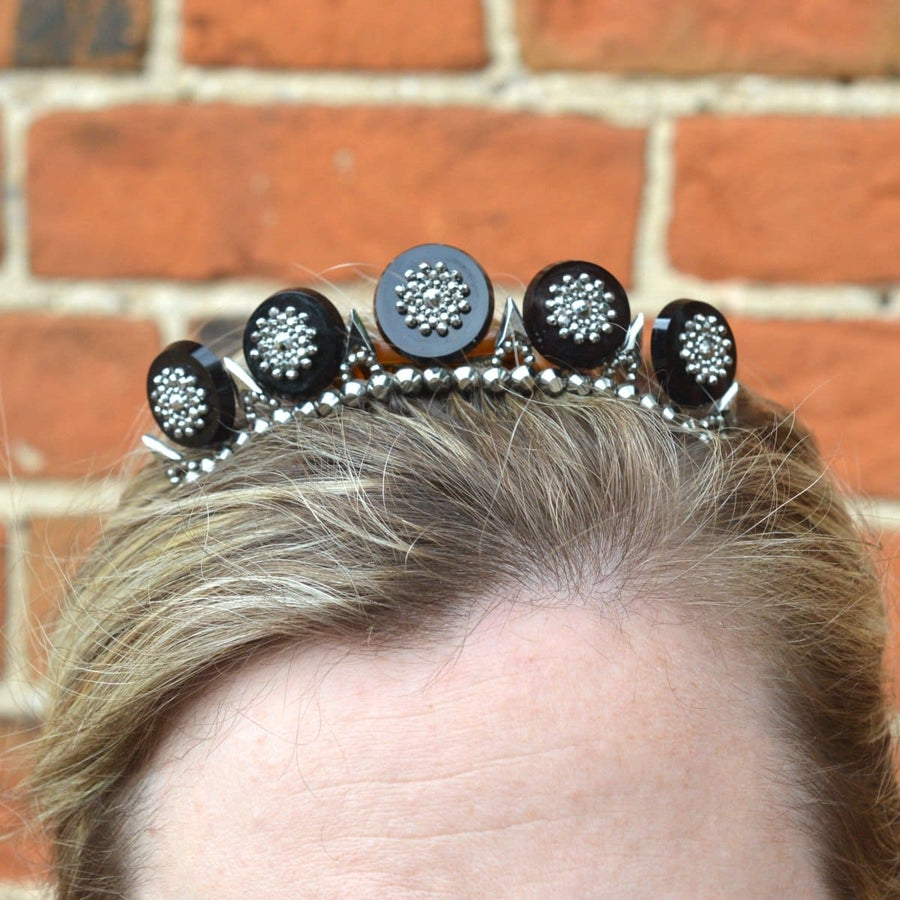 Regency Onyx and cut steel tiara on tortoiseshell comb worn, showcasing intricate design and historical elegance.