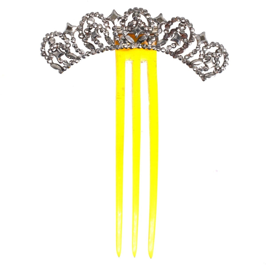 Small Regency Cut Steel Hair Tiara Comb with sparkling steel studs on a vibrant yellow base.