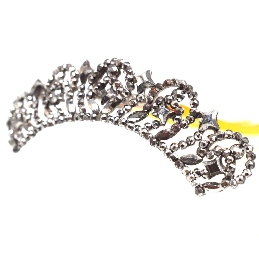 Small Regency cut steel hair tiara comb with intricate design, perfect for vintage-inspired hairstyles.
