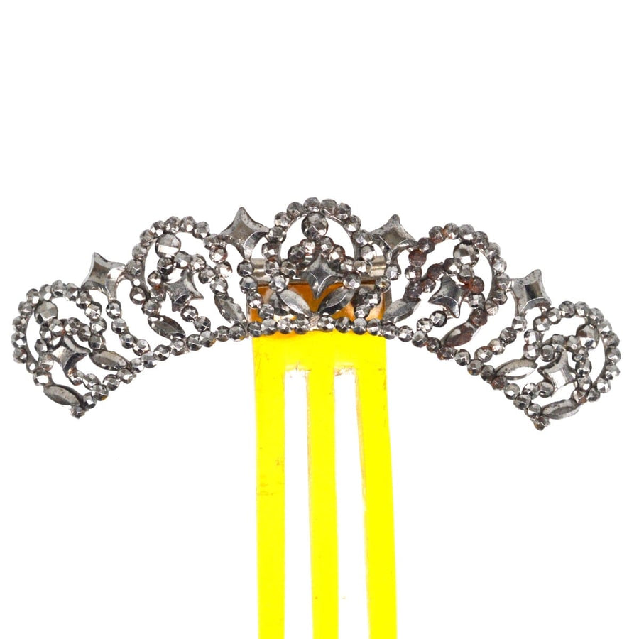 Small Regency cut steel hair tiara comb showcasing intricate design with sparkling riveted studs on a delicate base.