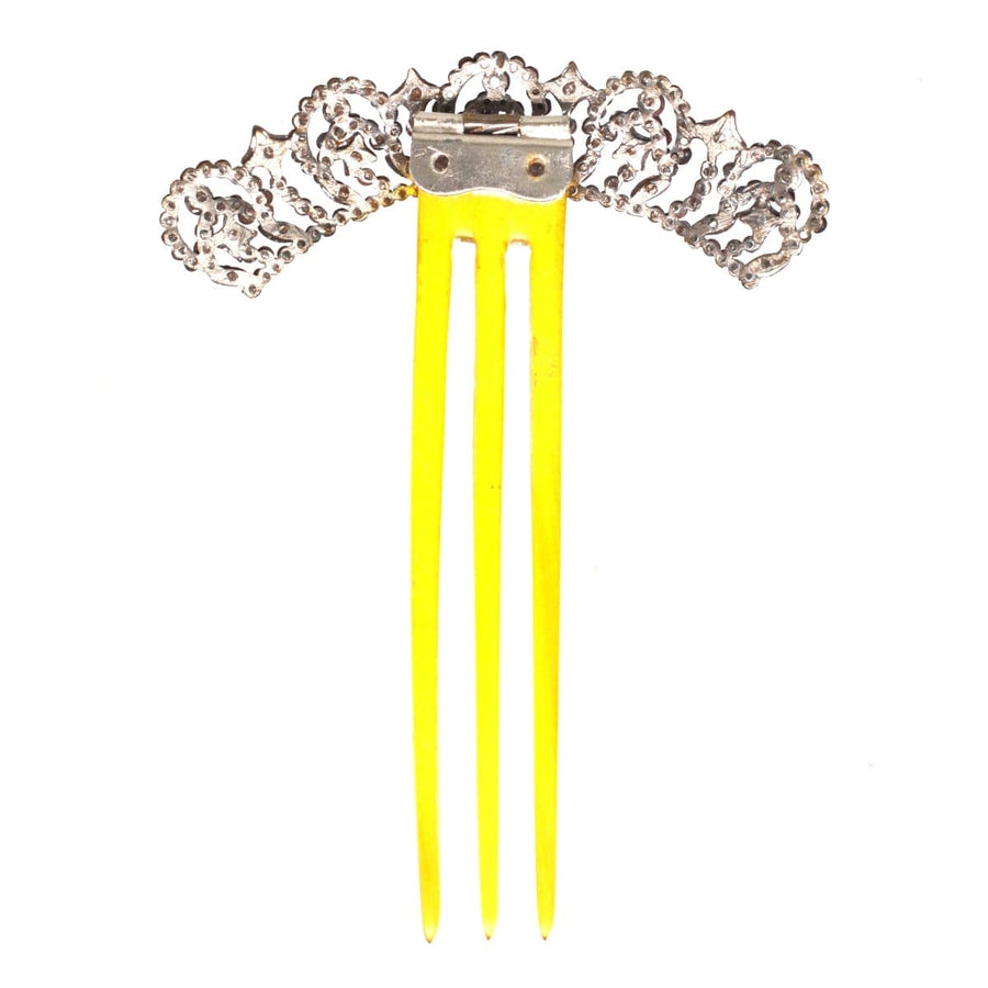 Small Regency Cut Steel Hair Tiara Comb featuring intricate design and bright yellow prongs.