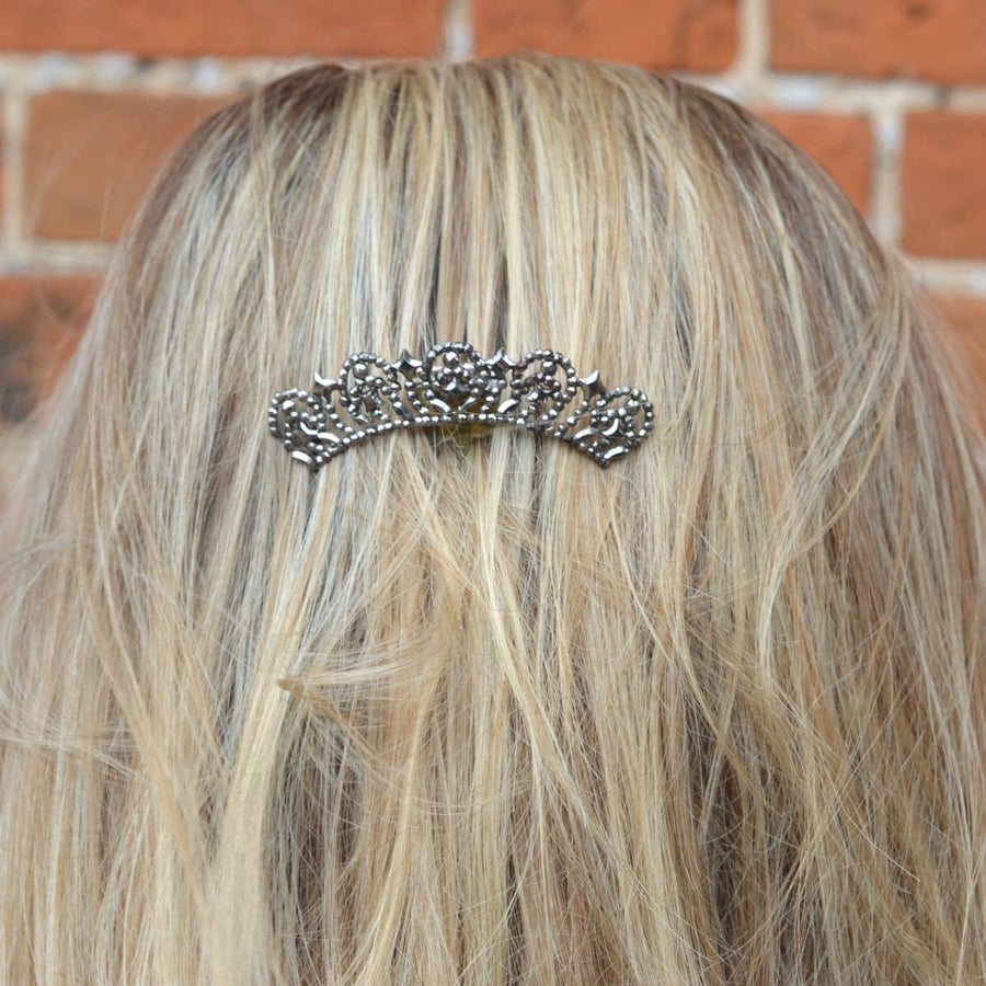 Small Regency Cut Steel Hair Tiara Comb in blonde hair, showcasing vintage elegance and intricate steel stud design.