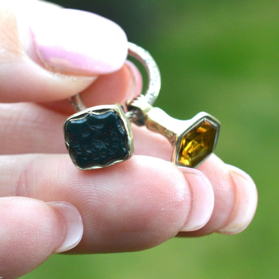 Two early Victorian gold seals with split ring, one hexagon citrine seal and one unique bloodstone seal.