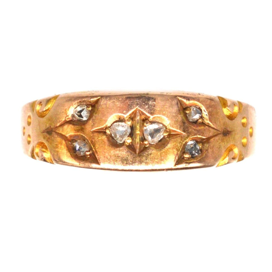 Victorian 15ct gold band ring featuring rose cut diamonds, fully hallmarked Birmingham 1892, ideal for engagement or wedding.