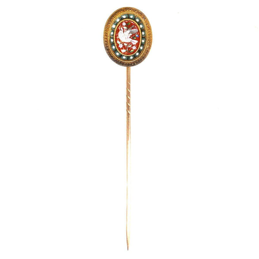 Victorian 15ct gold Etruscan Revival micromosaic tie pin featuring a dove design.