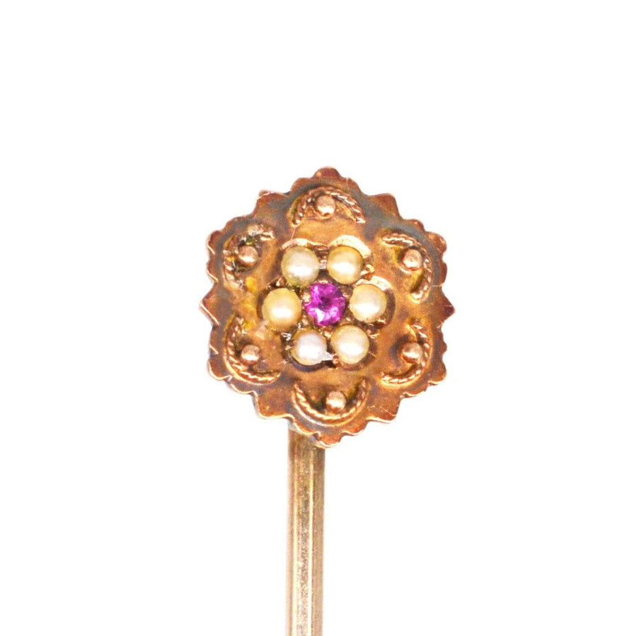 Victorian 15ct Gold Pearl and Ruby Cluster Tie Pin | Parkin and Gerrish | Antique & Vintage Jewellery