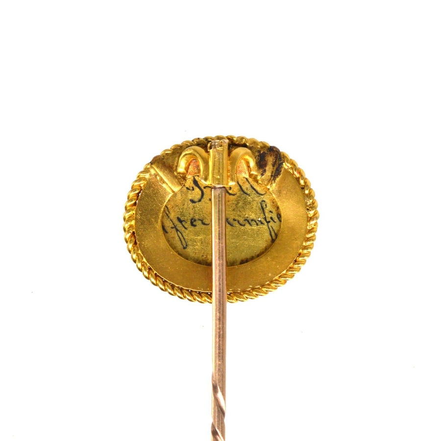 Back view of Victorian 18ct gold miniature spaniel dog tie pin, showcasing craftsmanship and detailed inscription.