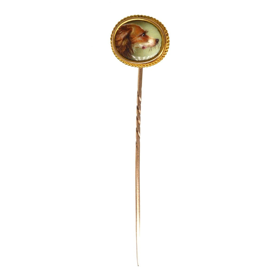 Victorian 18ct gold tie pin featuring a painted spaniel dog, exquisite detail, ideal for colorful silk ties.
