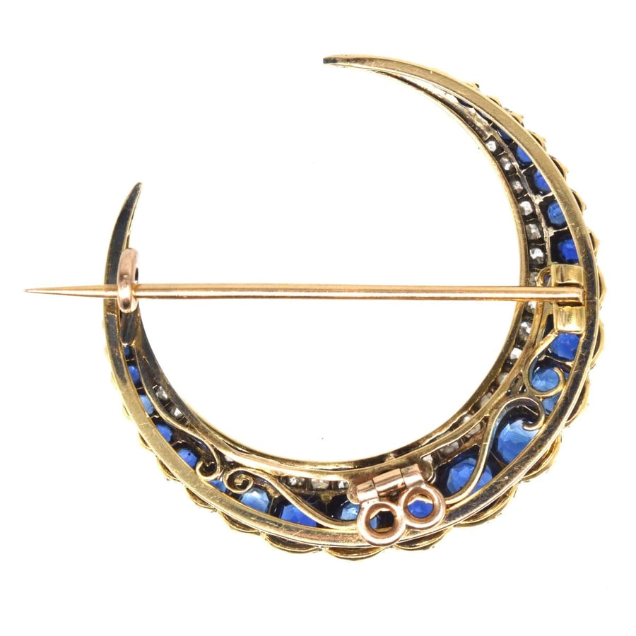 Victorian 18ct gold crescent moon brooch with sapphires and diamonds, can also be worn as a pendant.