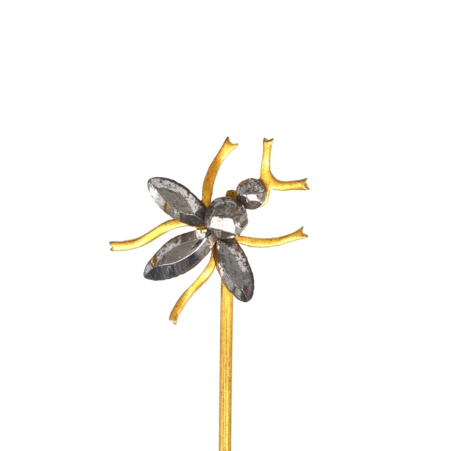 Victorian cut steel insect tie pin featuring polished steel for a sparkling candlelight effect.