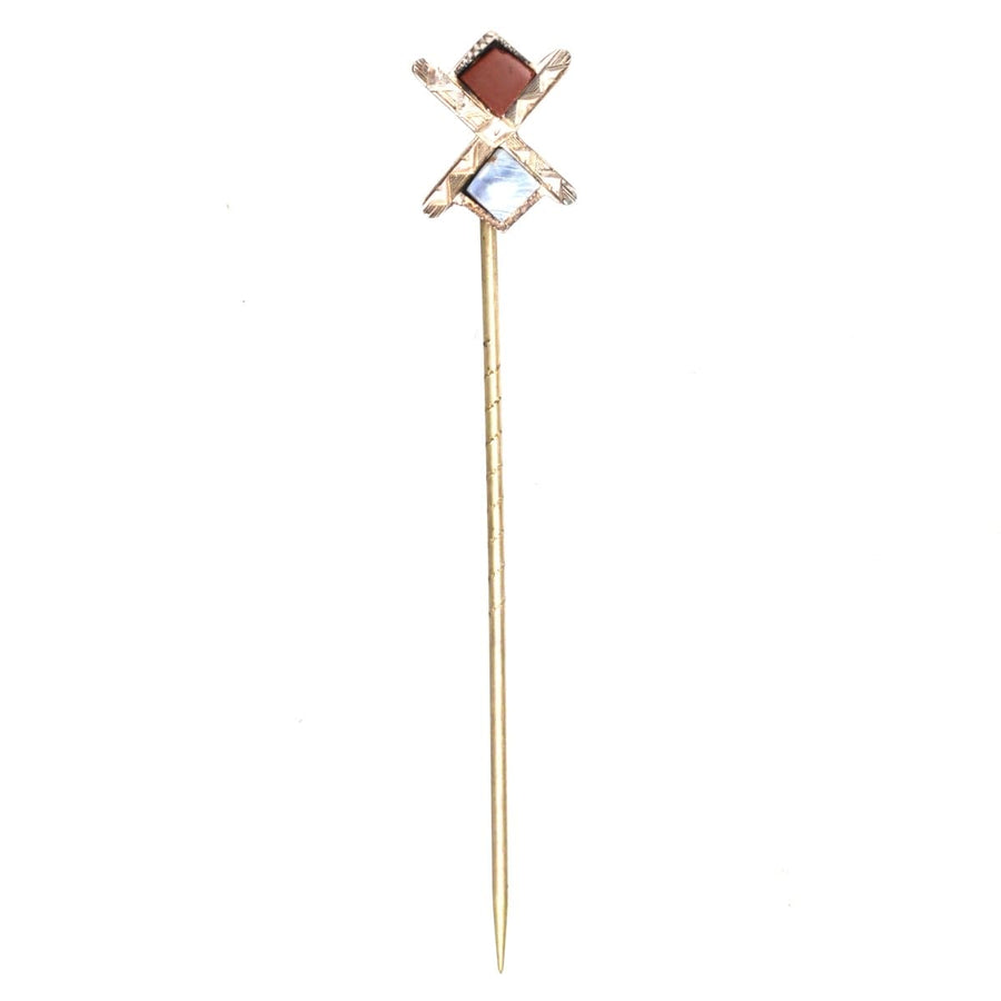 Victorian Scottish Silver St Andrews Cross Tie Pin with Jasper and Agate from the late 19th century