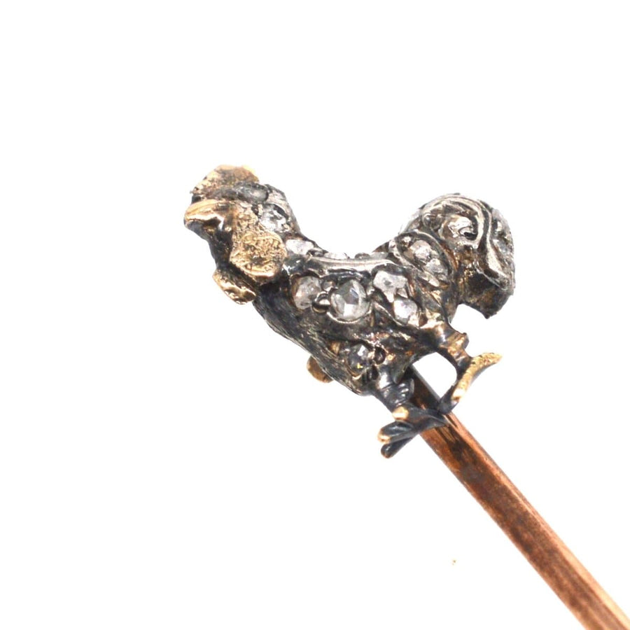 Victorian silver diamond cockerel tie pin, symbolizing bravery and strength with rose diamonds, 19th century jewelry.