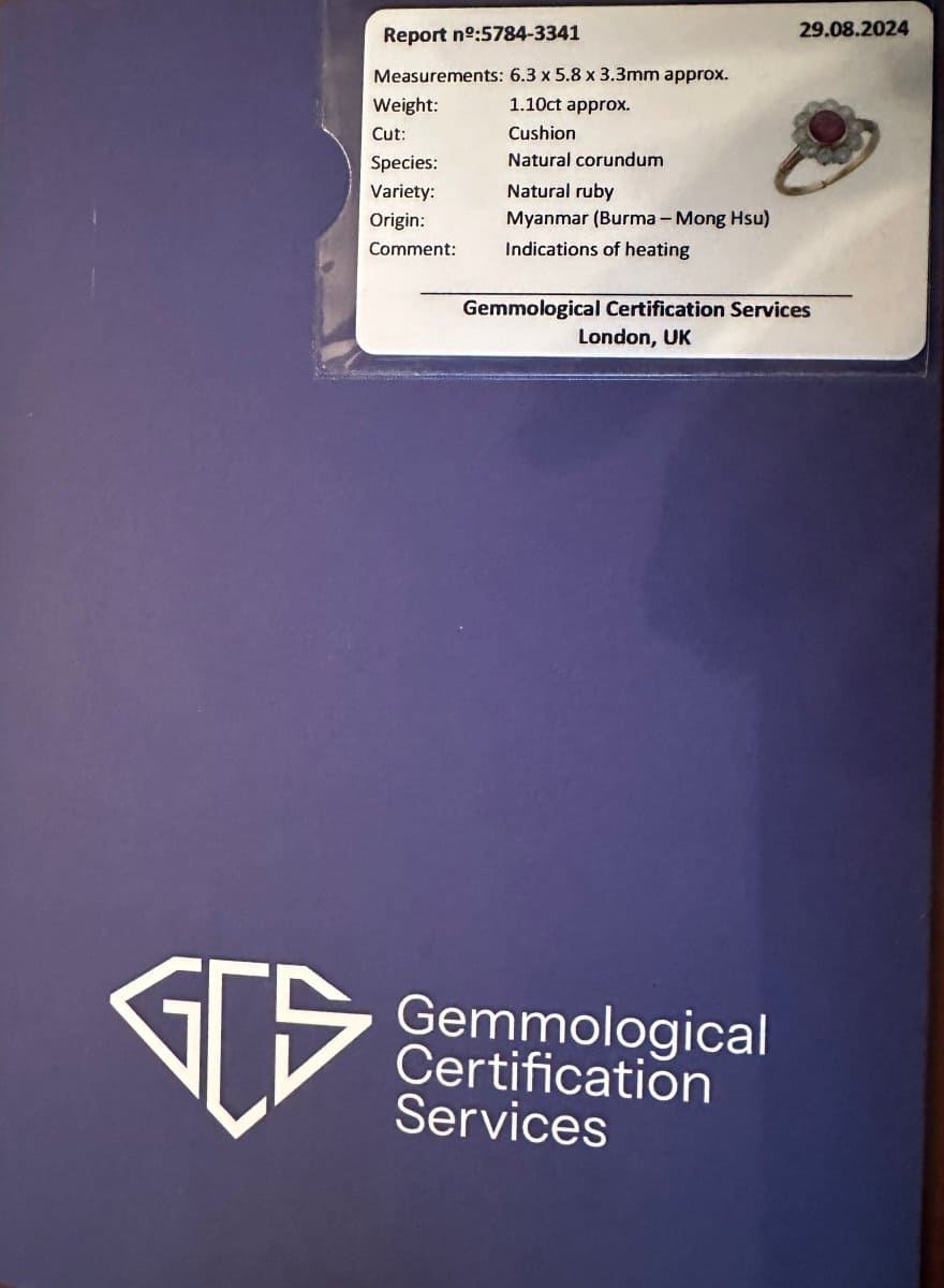 Gemmological certification for 18ct gold Burma ruby and diamond ring with details on size, cut, and origin.