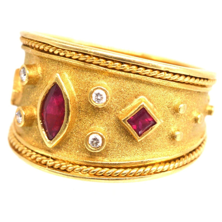 Vintage 18ct gold band ring with rubies and diamonds, inspired by Elizabeth Gage's unique design style.