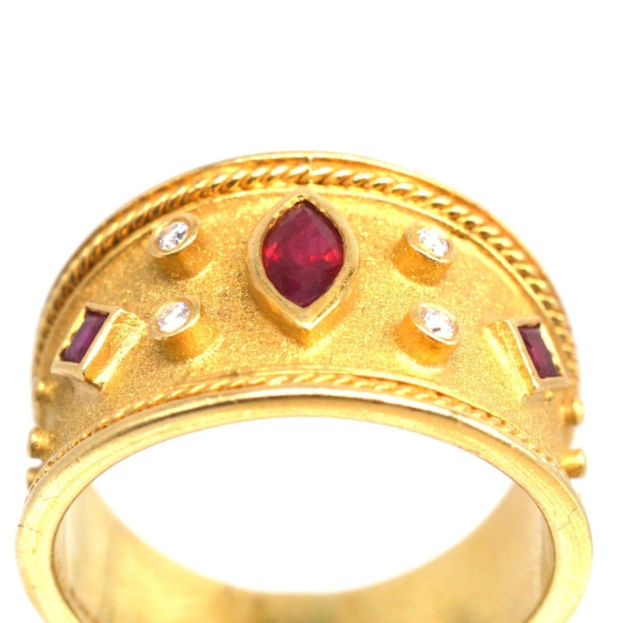 Vintage 18ct gold ring with rubies and diamonds, stylish Templar band design from the 1990s.