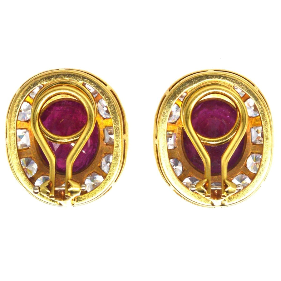 Vintage 18ct gold ruby cluster clip on earrings with white sapphires, elegant Italian craftsmanship.