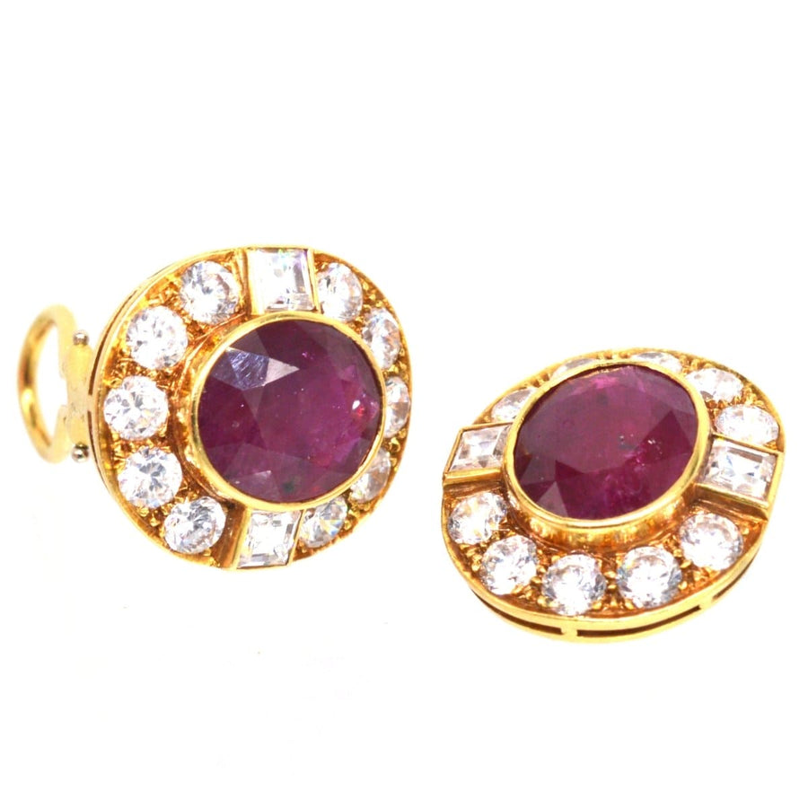 Vintage 18ct gold clip-on earrings featuring ruby and white sapphire cluster design, made in Italy.