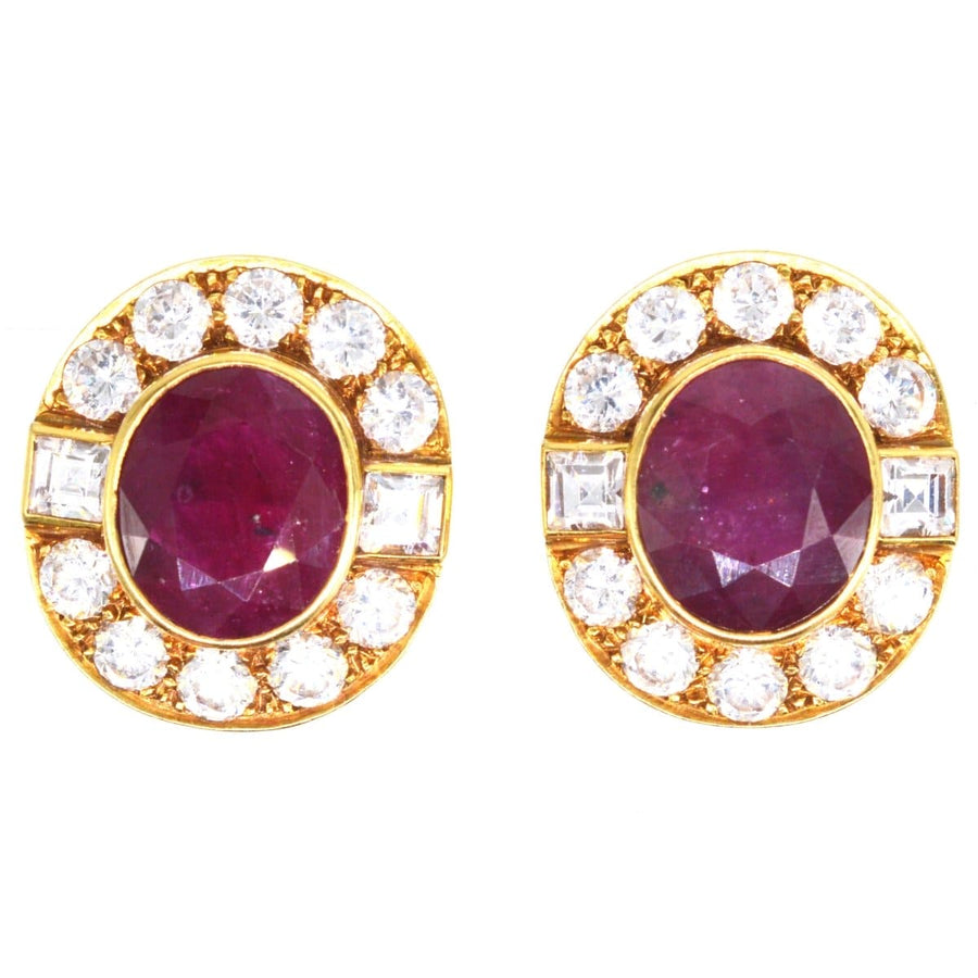 Vintage 18ct gold ruby and white sapphire cluster clip on earrings made in Italy, featuring stunning gemstones.