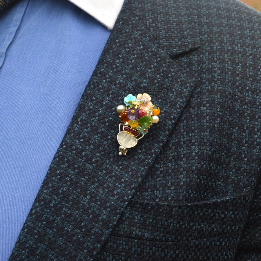 Vintage 18ct white gold Santagostino brooch with multi-gem flowers and carved rock crystal vase.