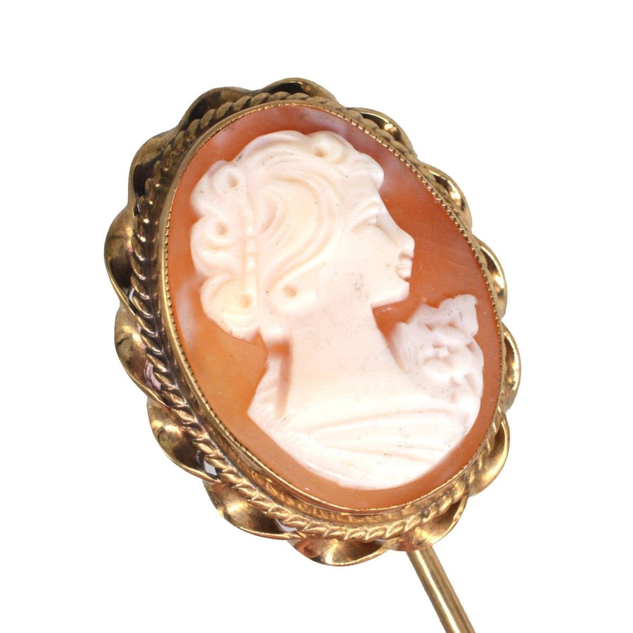 Vintage 1970s 9ct gold Victorian revival shell cameo tie pin with ornate frame featuring a woman's portrait.