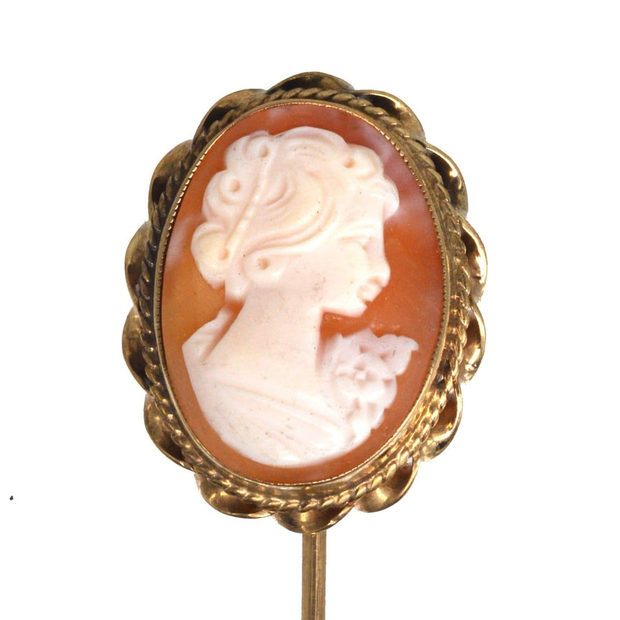 Vintage 1970s 9ct gold Victorian revival shell cameo tie pin featuring a woman's profile in an ornate oval frame.