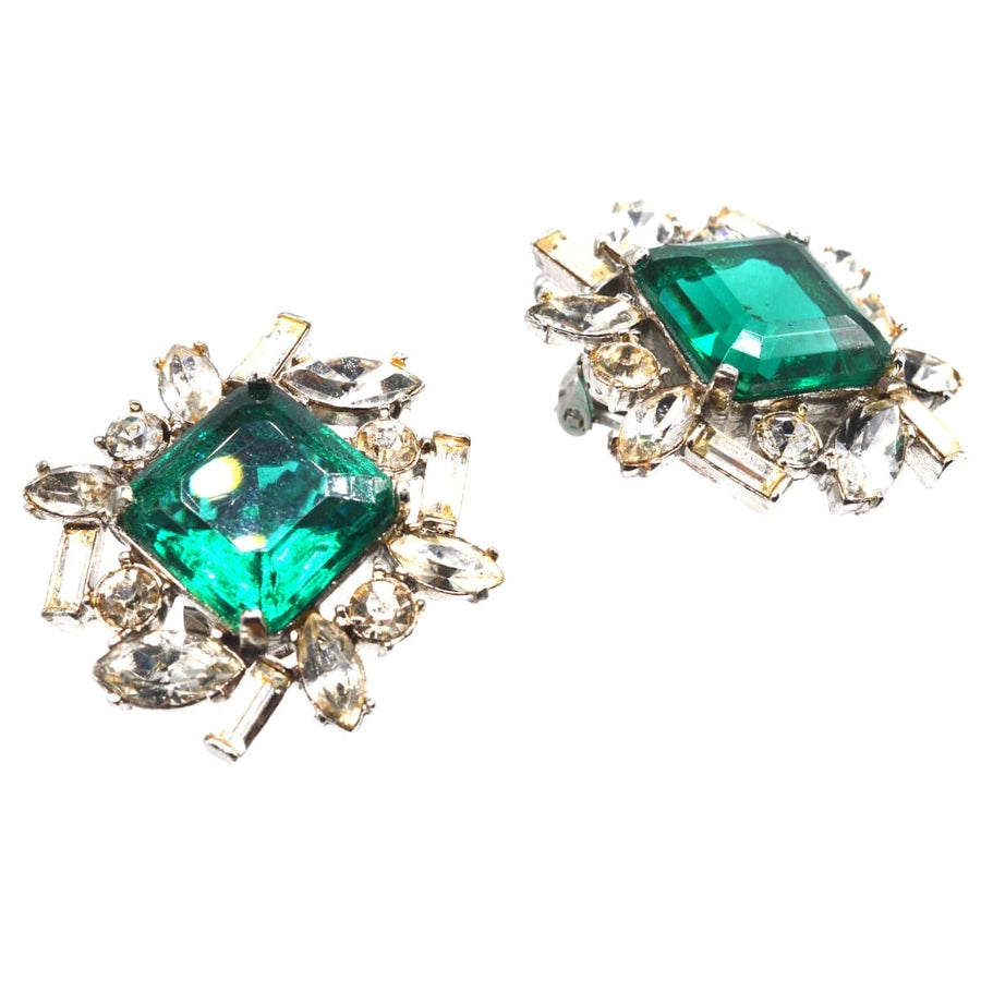 Vintage 1990s Kenneth Lane green and white paste clip-on earrings with a stunning stone cluster.