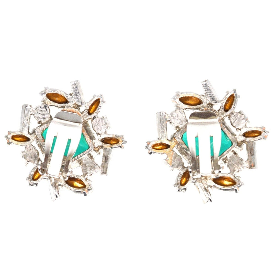 Vintage 1990s Kenneth Lane green paste clip-on earrings with white pastes and original pouch.