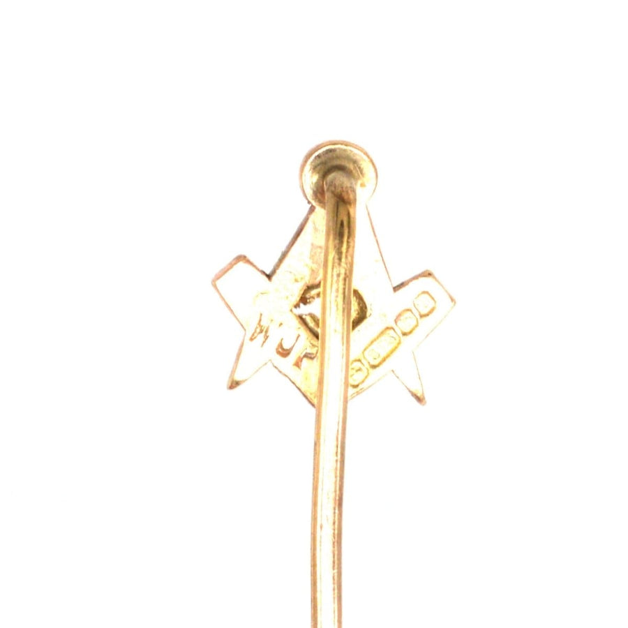 Vintage 9ct gold Masonic tie pin showcasing square and compass symbols representing moral values.