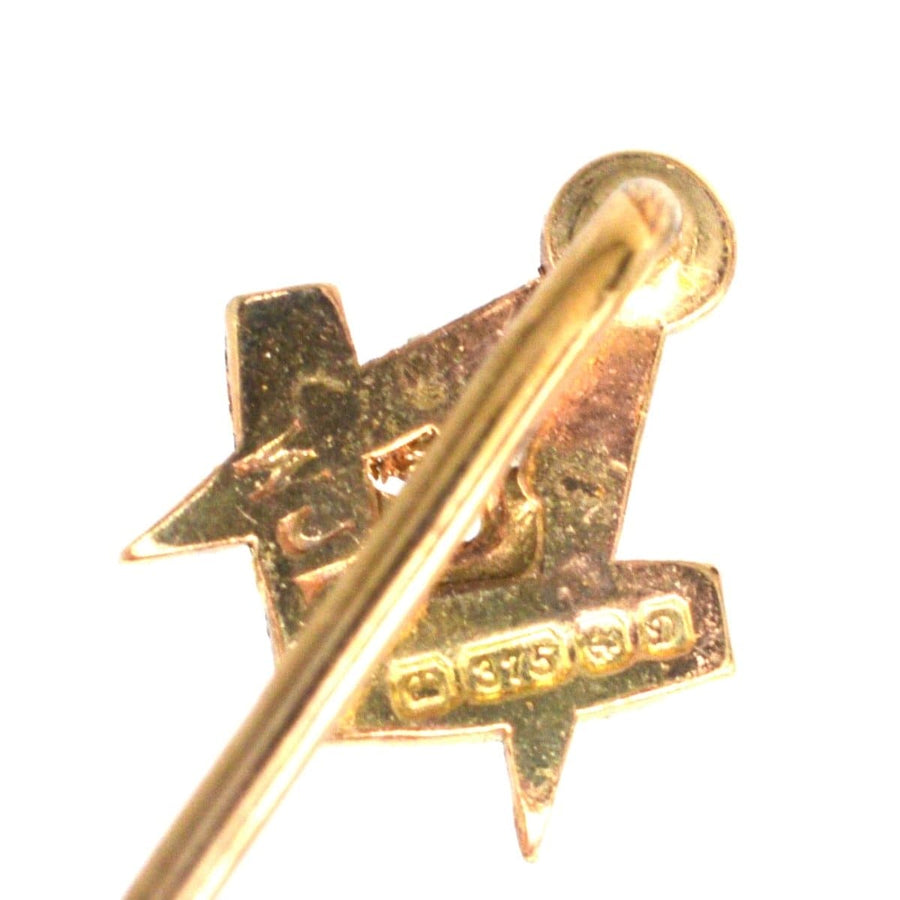 Vintage 9ct Gold Masonic Tie Pin showcasing the square and compass, symbolizing moral values and wise conduct.