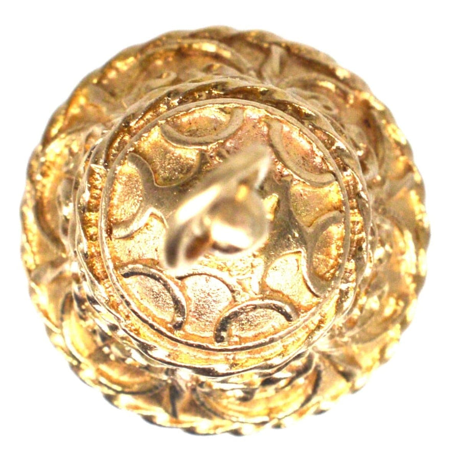 Vintage 9ct gold wedding ring bell charm pendant with intricate scroll and swag details.