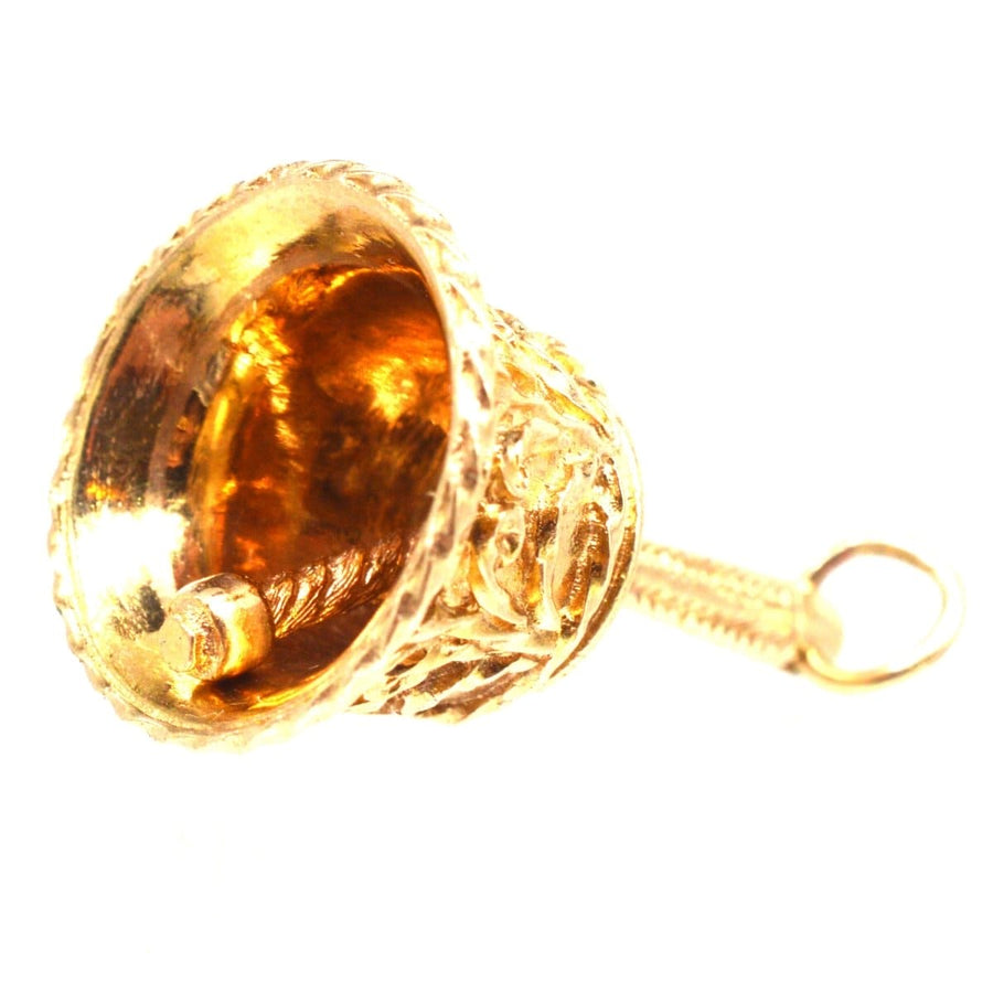 Vintage 9ct gold wedding ringing bell charm pendant with scroll and swag details, hallmarked 1968, London.