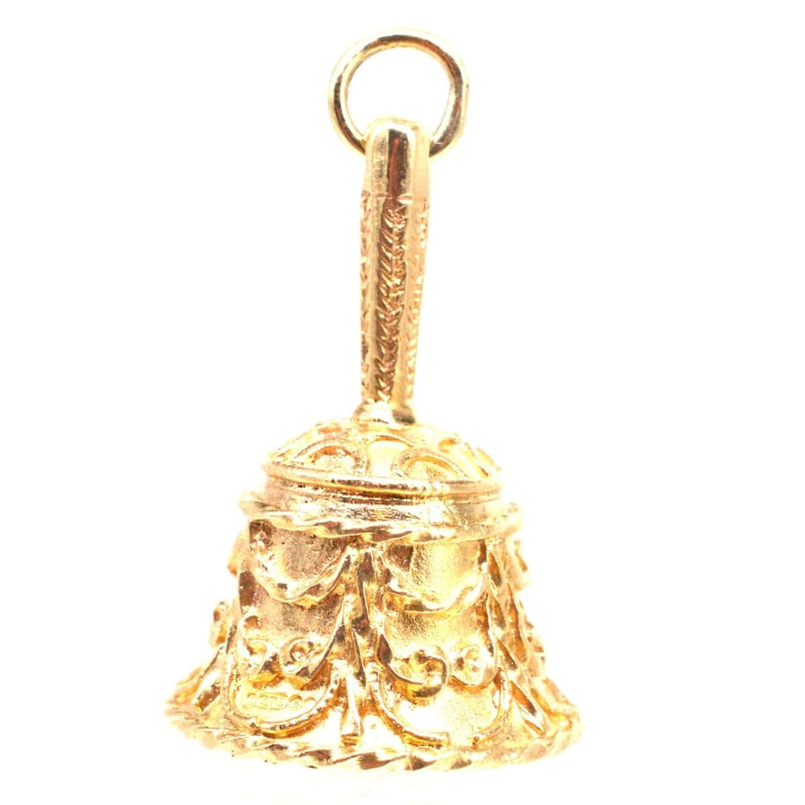 Vintage 9ct gold wedding ringing bell charm pendant with ornate scrolls and swag details, fully hallmarked 1968.