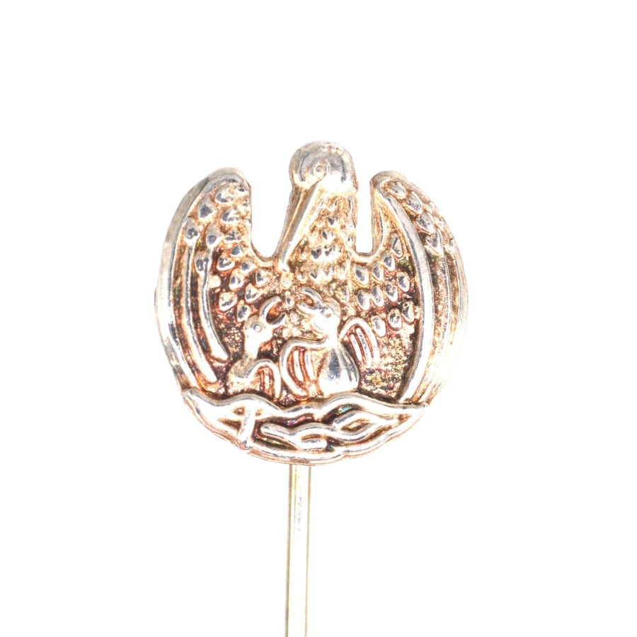 Vintage Silver Tie Pin featuring the Pelican in Her Piety symbolizing sacrifice and selflessness.