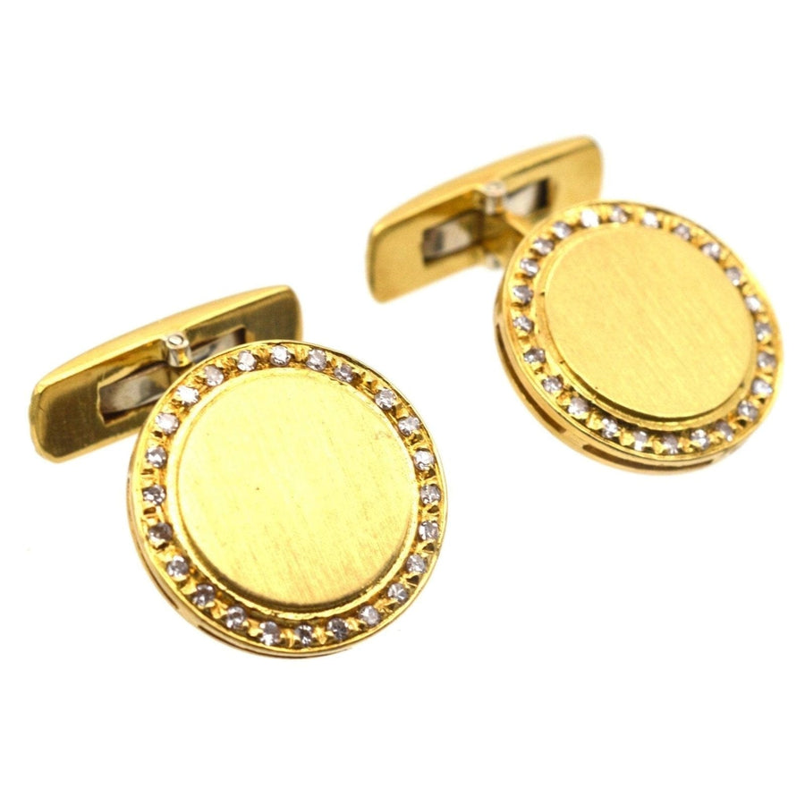 1980s 18ct gold and diamond round circle cufflinks, elegant design with brilliant cut diamonds, perfect gift for gentlemen