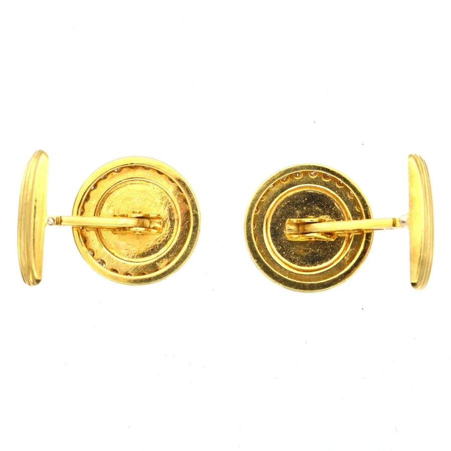 1980s 18ct gold cufflinks with round circle design, featuring brilliant cut diamonds, perfect gift for gentlemen.