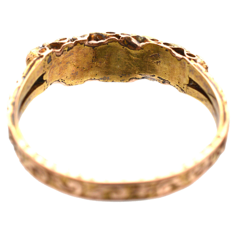 Back view of Victorian 15ct Gold Acrostic Ring featuring intricate design, made in 1873, spelling 'DEAREST'.