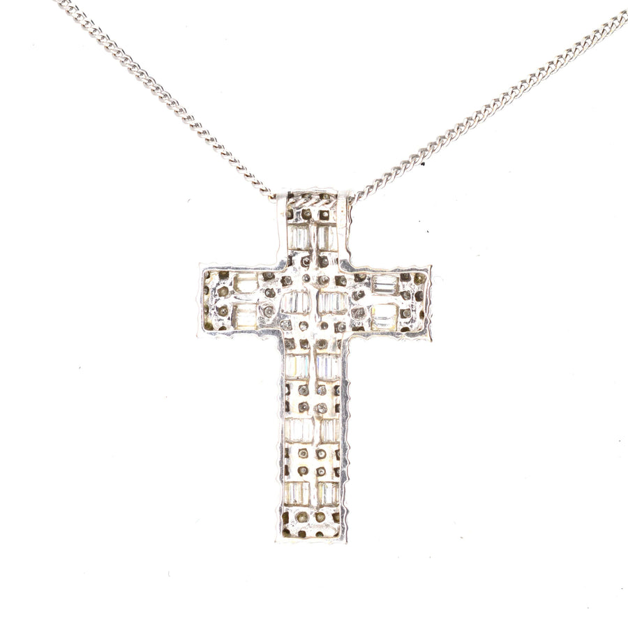 Vintage 1990s 18ct white gold cross pendant set with 3 carats of diamonds, perfect for weddings or religious events.