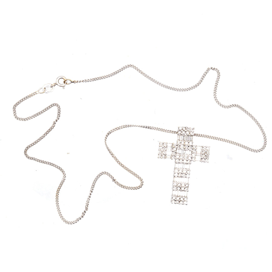 Vintage 1990s 18ct white gold cross pendant with 3 carat diamonds, perfect for weddings or religious events.